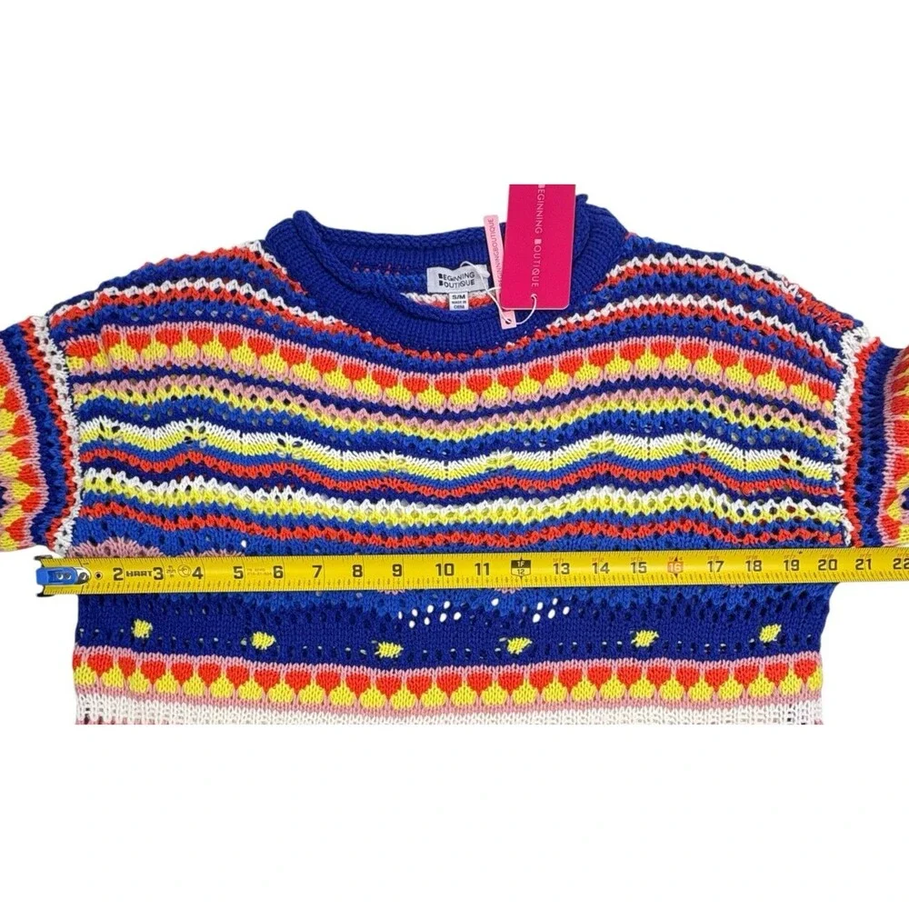 NWT Crochet Open Knit Colorful Striped Sweater Boho Beginning Boutique S/M